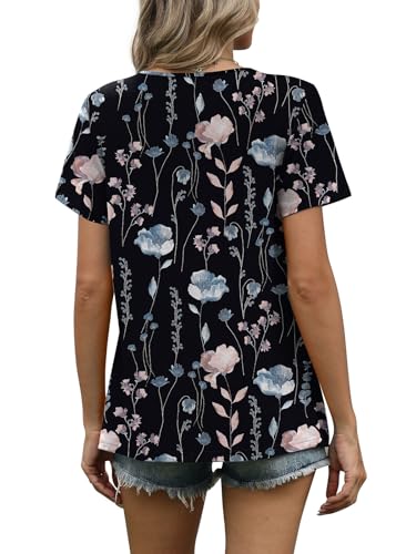 WIHOLL Blouses for Women Dressy Casual Summer Scoop Neck Trendy Tops 2026 Short Sleeve Business Work Office Tshirts Shirts Black Floral Print 2XL
