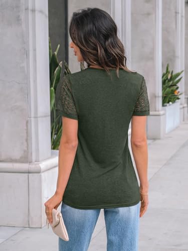 AUTOMET Short Sleeve Shirts for Women Summer Tops 2026 Spring Fashion Dressy Casual Outfits Lace Trendy Top Cute Work T Shirt Business Vacation Clothes Blouses Army Green L