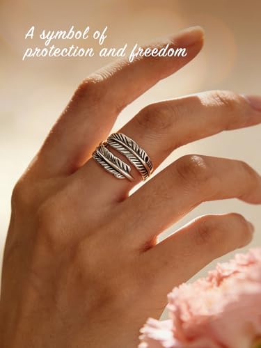 AVECON 925 Sterling Silver Ring Adjustable Feather Ring Stacking Ring Vintage Statement Ring for Women & Men