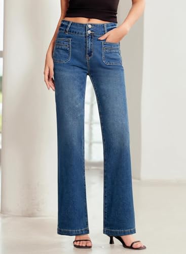 Sidefeel Women's Jeans Wide Leg High Waisted Straight Leg Fall Outfit Stretchy Denim Pants Blue Size 8