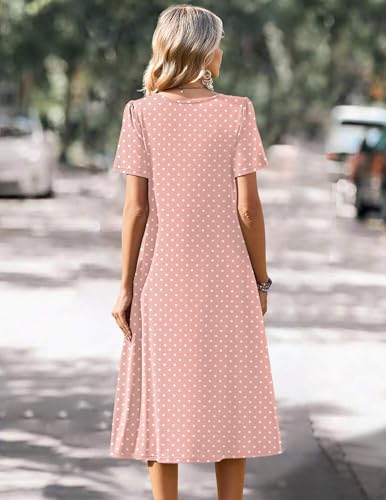 Zeagoo Pink Midi Dress Womens Casual Summer Dresses V Neck A Line Dresses Womens Beach Vacation Dress Womens Short Sleeve Sundresses Pink Dot XXL