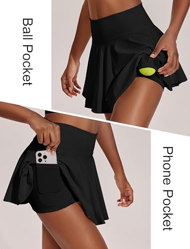 PINSPARK Women Pleated Tennis Skirt High Waist Golf Skorts with 2 Pockets Pickleball Skirts with Inner Shorts Black M