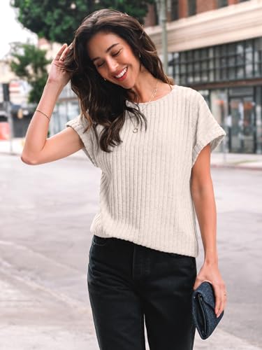 AUTOMET Women Summer Tops 2026 Spring Sweaters Dressy Casual Short Sleeve Shirts Business Blouses Apricot M