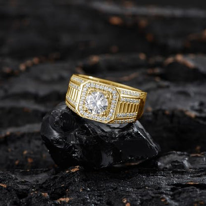 Jelafu 1 carat Moissanite Rings for Men Yellow Gold Plated Solitaire Engagement Ring D Color VVS1 Clarity Round Cut Engagement Ring Sterling Silver Moissanite Pinky Rings