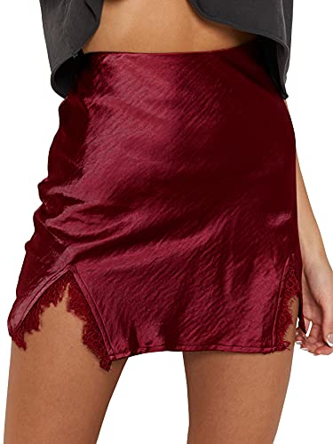 Cream Satin Skirt Outfit - LYANER Womens Satin Lace Trim Split Slit Hem Zipper High Wasit Mini Short Skirt Burgundy