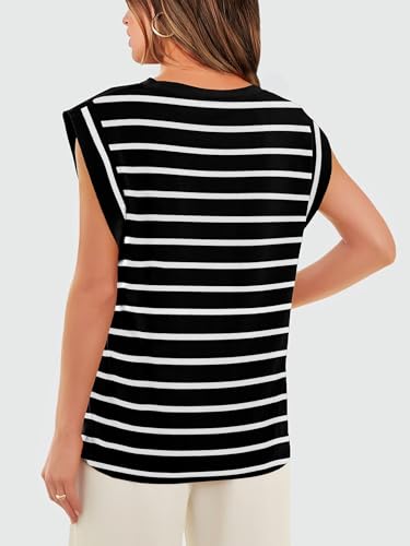 WIHOLL Plus Size Tops for Women Summer Outfits for Women Black and White Striped T Shirt 2026 Beach Vacation Clothes Essentials Fashion Clothing Business Casual Outfits Cruise Spring Tops 2XL