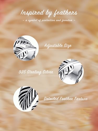 AVECON 925 Sterling Silver Ring Adjustable Feather Ring Stacking Ring Vintage Statement Ring for Women & Men