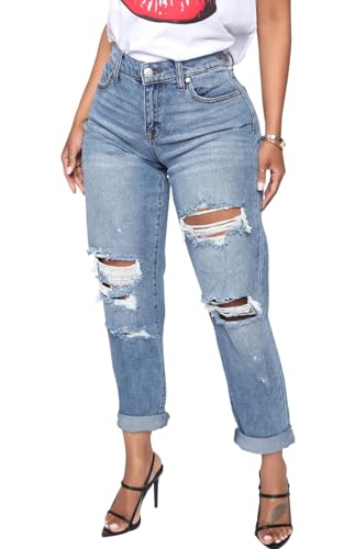 Mom Jeans - SheKiss Boyfriend Stretchy Jeans for Women Distressed Frayed High Waisted Trendy Denim Blue Jeans Distressed Denim Jeans 764