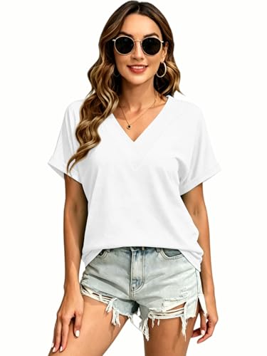 EyMuse T Shirts Short Sleeve V Neck Tees Womens Fashion Tops Loose Fit Lightweight Casual Summer Outfits Clothes 2026 White,XL