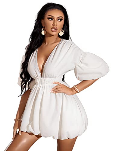 Sabrina Carpenter Yellow Dress - Women's Deep V Neck Puff Sleeve High Rise Flare Dress Elastic Waist Dress White