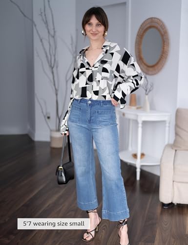 luvamia Wide Leg Jeans for Women Trendy High Waisted Flare Jeans Cropped Denim Pants Stretchy Baggy with Patch Pockets Blue Tides Size 16 Size 18
