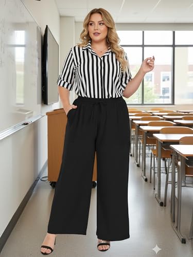 Lastshe Women's Plus Size Pants High Waist Wide Leg Work Casual Palazzo Trousers with Pockets Spring Clothes Fashion Outfits 1X-5X,Black,2X