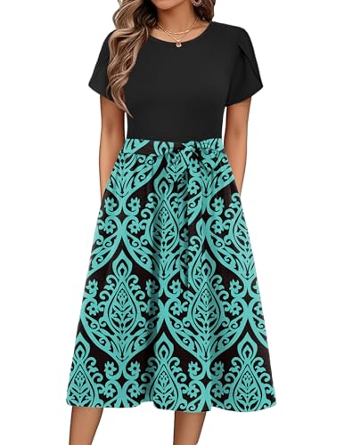 Zeagoo Womens Midi Dress Summer Short Sleeve Dress with Pockets 2025 Casual Floral T-Shirt Dress Flowy Beach Sundress