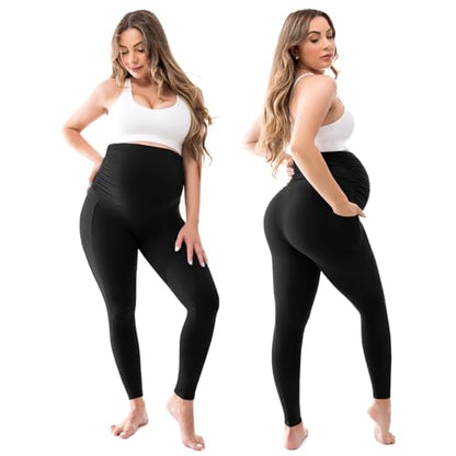 Walifrey Women's Maternity Leggings with Pockets Over The Belly,Pregnancy Yoga Pants Activewear Workout Leggings Black S