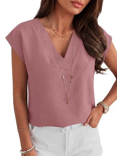 ANRABESS Women Tops Cap Sleeve Dressy Casual V Neck Shirts 2026 Summer Business Work Blouses Outfits Trendy Spring Clothing Dusty Rose Large