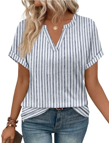 WIHOLL Womens Boho Tops 2026 Summer Short Sleeve Tshirts Shirts Spring Dressy Casual Blouses Airport Trendy Outfits L Blue Stripe
