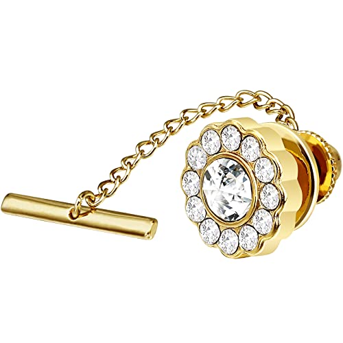 AMITER Mens Crystal Tie Tack with Chain Gold Tone Tie Pin for Men Unisex Adults in Wedding Birthday Anniversary Party