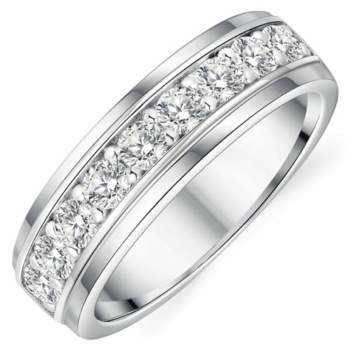 SweetJew Mens Moissanite Wedding Band 925 Sterling Silver Rings For Men 14K White Gold Plated 1ct D Color VVS1 Clarity Brilliant Lab Created Stone 9 Round Cut Engagement Rings For Him Size 9