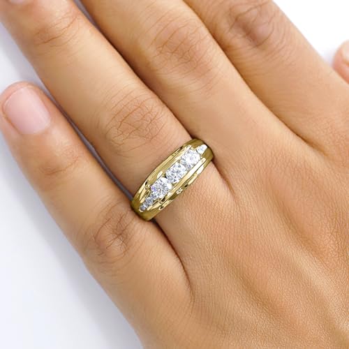 Men's 3-stone Anniversary Wedding Band Ring Round Lab Created Moissanite Channel Set Ring In 14K Yellow Gold Plated Sterling Silver Jewelry For Him (1.00 Cttw) Size 9