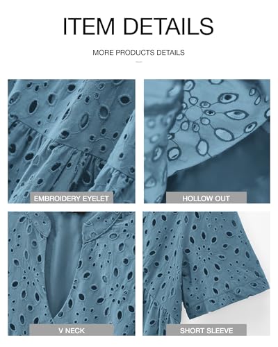 BTFBM Womens Boho Summer Dresses 2026 Spring V Neck Short Sleeve Hollow Out Lace Ruffle Casual Beach Mini Vacation Dress(Grey Blue, Large)