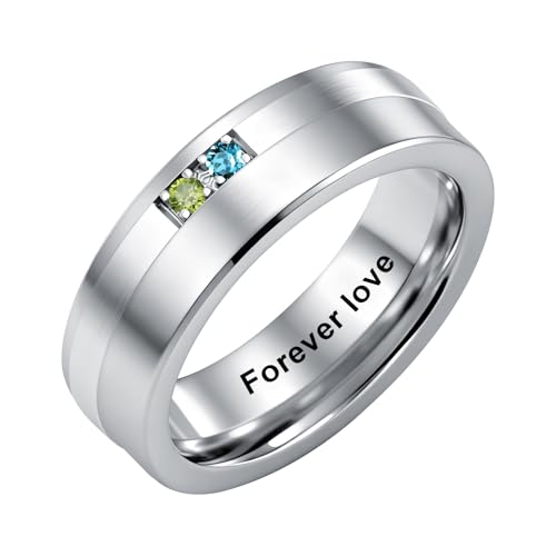ROMANTICWORK Personalized Ring for Men 925 Sterling Silver Custom Name 2 Birthstones Ring Christmas Valentine's Day Jewelry Gift for Husband Boyfriend Father
