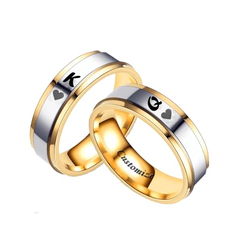 Hsumonre Forever Love Couple Rings Cubic Zirconia Engraved Promise Rings Wedding Bands Engagement Gifts Titanium Stainless Steel Golden (Glossy-Heart, Gold, Adjustable)