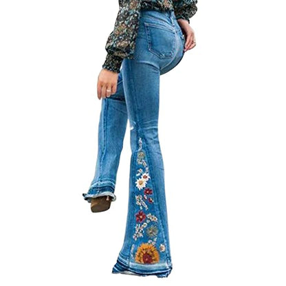 Rfm Jeans - Womens Floral Embroidered Flare Bell Bottom Jeans Stretch Western Bootcut Jeans Long Denim Pants