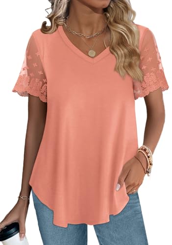 OFEEFAN Womens Spring Fashion 2025 T Shirt Dressy Casual Cute Top Basic Tee Shirts Cozy Coral L