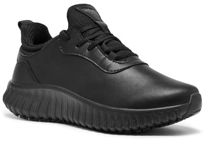 SHULOOK Non Slip Work Shoes for Women Food Service Water Resistant Sneakers Waterproof Kitchen Chef Restaurant Lace Up Walking Lightweight Comfortable Nursing Working Footwear Black Size 7.5