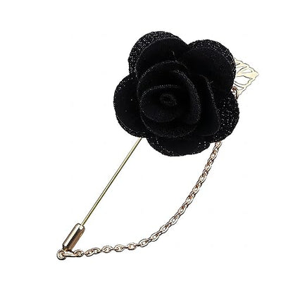 Rose Flower Pin Brooch for Men Long Chain Fringe Lapel Pin Fabric Boutonniere Pins Enhance Image Dress Accessories Groomsman Wedding Suit Accessories (Black)