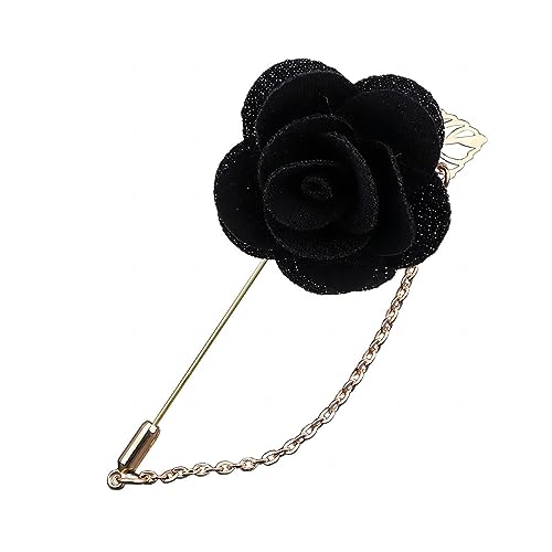 Rose Flower Pin Brooch for Men Long Chain Fringe Lapel Pin Fabric Boutonniere Pins Enhance Image Dress Accessories Groomsman Wedding Suit Accessories (Black)