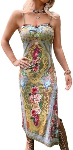 Sundresses - Floerns Women's Summer Split Thigh Spaghetti Strap Cami Midi Floral Dress Olive Green