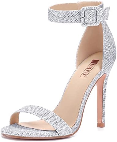 Women's Dressy Stiletto Heeled Sandals – Open Toe Ankle Strap Heels for Wedding, Party, or Homecoming Silver Glitter