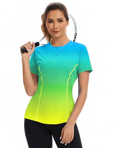 Avoogue Women's Activewear Short Sleeve UV Shirts Moisture Wicking Loose Workout Running Gym Tops Outfits Rashguard(Blue Gradient Yellow,L)