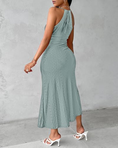 CHICME Womens Holiday Beach Dress Halter Hollow-Out A Line Dress Maxi Sundress Vacation Dresses-GR-M Green