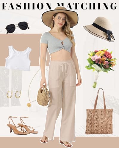 keriffe Womens Linen Casual Pants Wide Leg Summer Beach Palazzo Trousers with Pockets Khaki