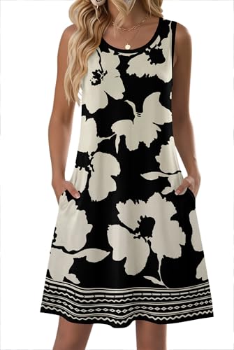 Zeagoo Spring Dresses for Women Sleeveless Summer Floral Dress A-Line Flowy Beach Sundress with Pocket Short Dresses