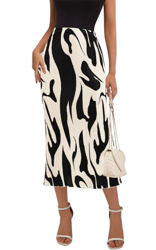 PRETTYGARDEN Women's Office Work Pencil Skirt Stretch High Waist Below Knee Pleated Long Skirts for Women Trendy Midi Skirt (Beige, Small)