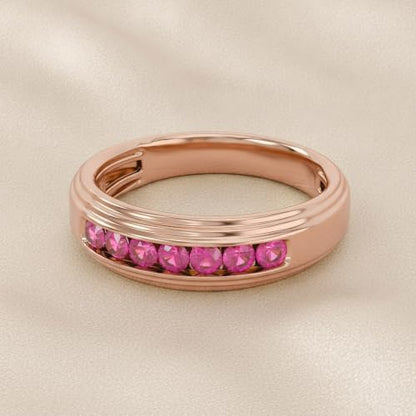 Men's Wedding Band Ring 2.7mm Round Cut Ruby Lab Grown Gemstone Channel Set 7-Stone Engagement Rings In 14K Rose Gold Plated 925 Sterling Silver Size 8