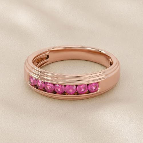 Men's Wedding Band Ring 2.7mm Round Cut Ruby Lab Grown Gemstone Channel Set 7-Stone Engagement Rings In 14K Rose Gold Plated 925 Sterling Silver Size 8