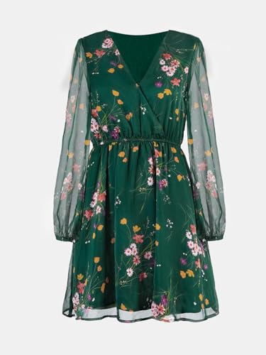 CUPSHE Women's Mini Dress Floral Print V Neck Long Peasant Sleeves Chiffon A-Line Flowy Short Dress Green, XL