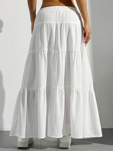 DERAX Women's Boho Flowy Maxi Skirts Elegant Flared Ruffle Hem Elastic High Waisted Summer Fall A Line Long Skirts White S