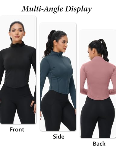 Dalavch 3 Pack Womens Cropped Full Zip up Workout Jacket Slim Fit Running Athletic Gym Yoga Sports Jacket with Thumb Holes 1 Black 1 Pink 1 Blue Medium