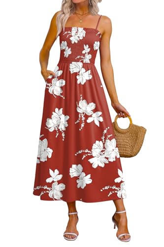 OFEEFAN Womens Spaghetti Strap Maxi Dresses Smocked with Pockets 2026 Summer Spring Casual Boho Beach Long Sundresses