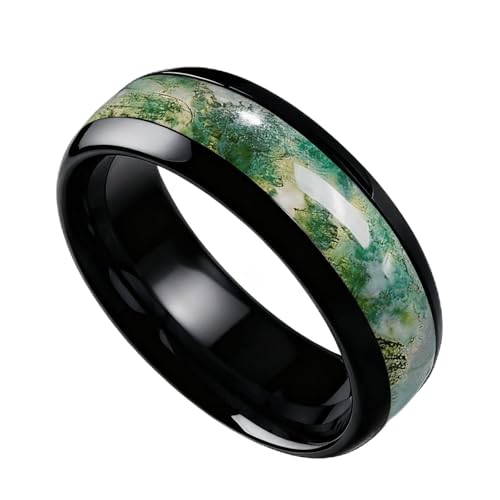 QHQPQ Natural Moss Agate Wedding Rings 925 Sterling Silver Engagement Ring for Men 10K Gold Moss Agate Promise Ring Anniversary Christmas Jewelry Gifts