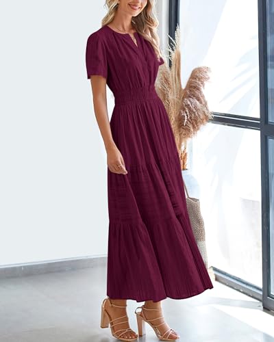 BTFBM Womens Summer 2026 Casual Midi Maxi Dresses Lightweight Short Sleeve V Neck Elastic Waist Boho Beach Dress Pockets(Wine Red, Large)