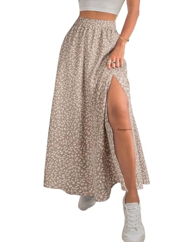 Avanova Women Boho Floral Slit Maxi Skirt Split Thigh High Waisted Long Skirts Apricot Medium