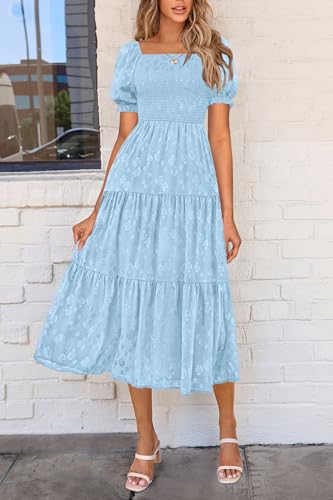 PRETTYGARDEN Women's 2026 Summer Casual Midi Dresses Square Neck Short Sleeve Smocked A Line Floral Flowy Elegant Boho Dress (Light Blue,Small)