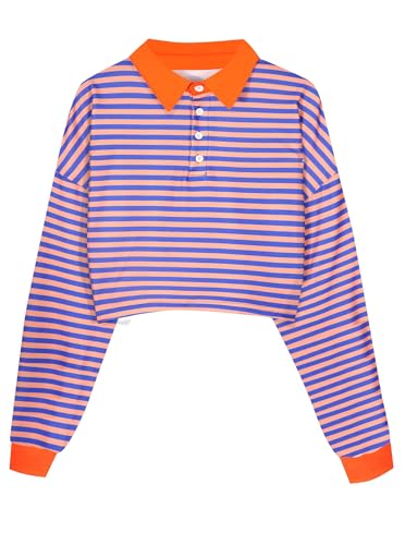 Natalie Winters Dress - Remidoo Women's Collared Half Button Long Sleeve Striped Crop Top Sweatshirt Orange-2