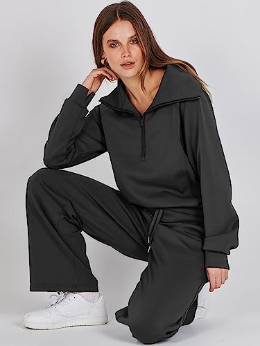 ANRABESS Women 2 Piece Outfits 2025 Fall Fashion Airport Wide Leg Pants Lounge Set Leisure Travel Vacation Clothes Sweatsuits Black Large